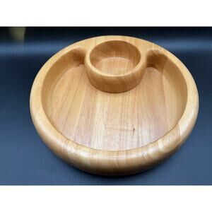 Crate & Barrel Divided Wood Serving Tray Round Snack Platter Chip Dip 12”